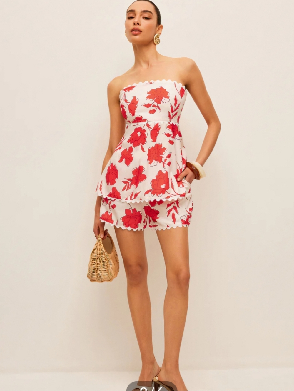 Pink RIPPLE Floral Strapless Top With Pockets Shorts Set